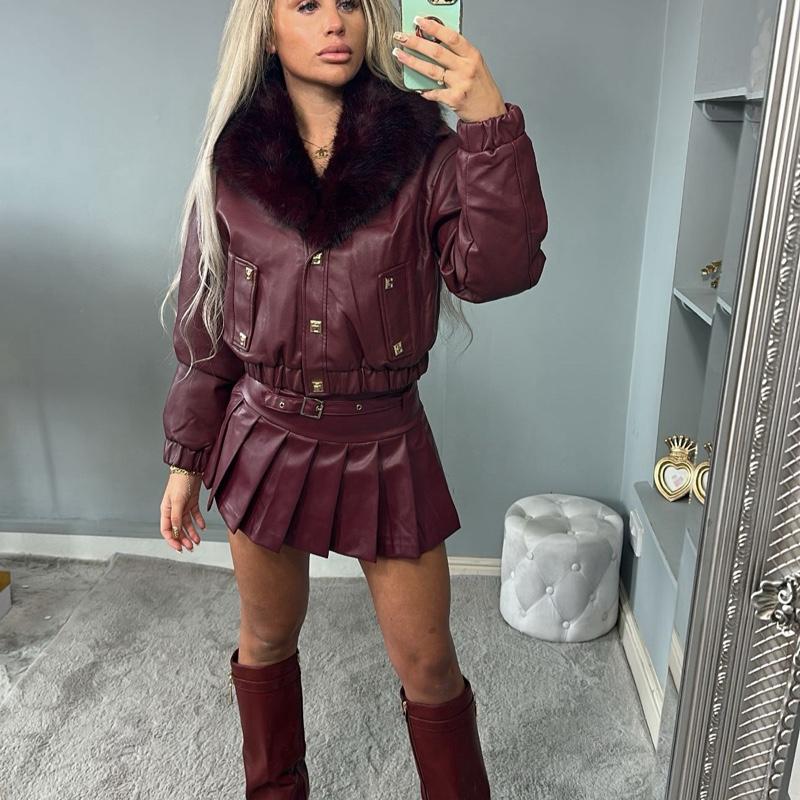 Burgundy BLAIR PU leather bomber jacket with faux fur collar and zip detail, women’s outerwear.