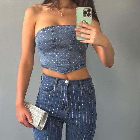 Corset en jean SKY orné de strass
