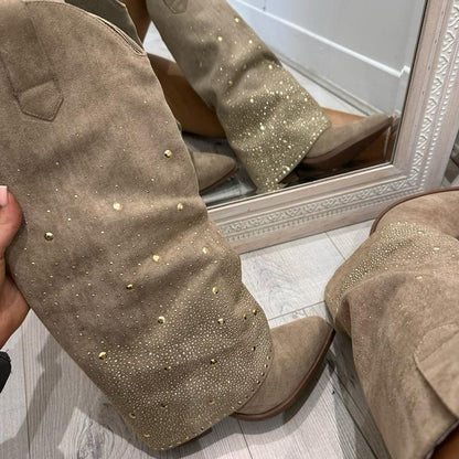 Orla Beige Suede Rhinestone Cowboy Boots