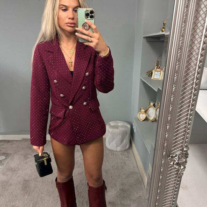 Women’s burgundy fitted blazer with diamanté sparkle, AMBER night-out style.