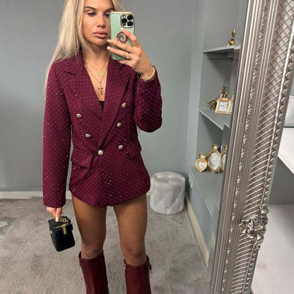 Women’s burgundy fitted blazer with diamanté sparkle, AMBER night-out style.