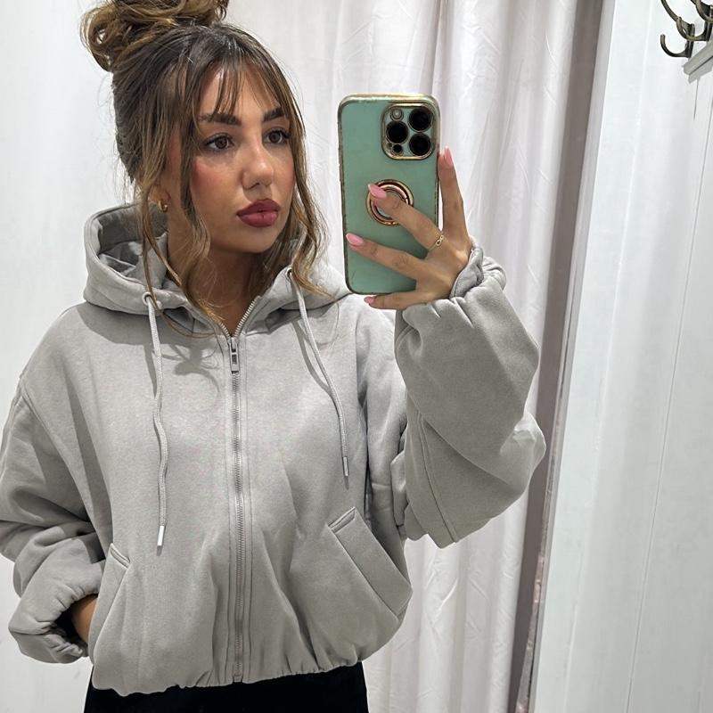 Grey bubble-hem cropped hoodie for women, cozy BECCA fleece sweatshirt.
