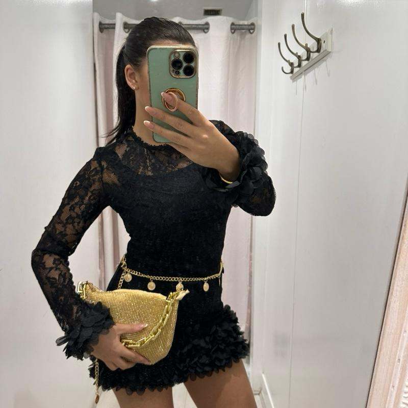 POLLY Lace Dress with Flower Detail Hem