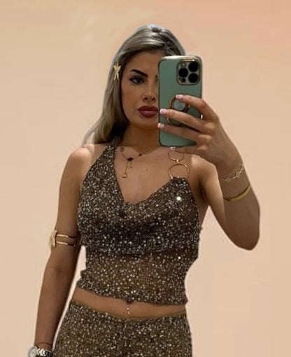 NOAH Sequin Knitted Halterneck Top With Chain Detail For Holiday &amp; Festivals