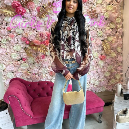 VICKY Sheer Blouse Top With Bow On Neck (One Size 6-12)