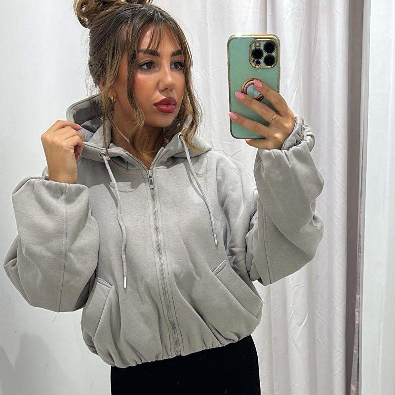 Grey BECCA cropped bubble-hem hoodie, fleece-lined women’s casual top.