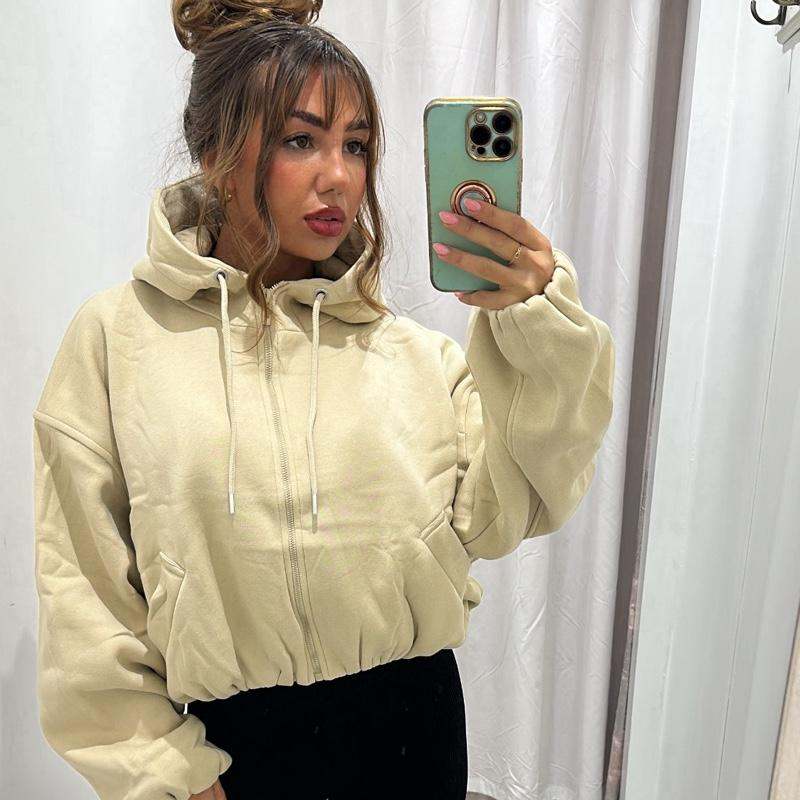 BECCA beige cropped hoodie with fleece lining, minimalist winter top.