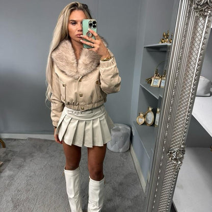 Women’s fitted beige PU leather bomber jacket with fur trim and zip, BLAIR fashion coat.