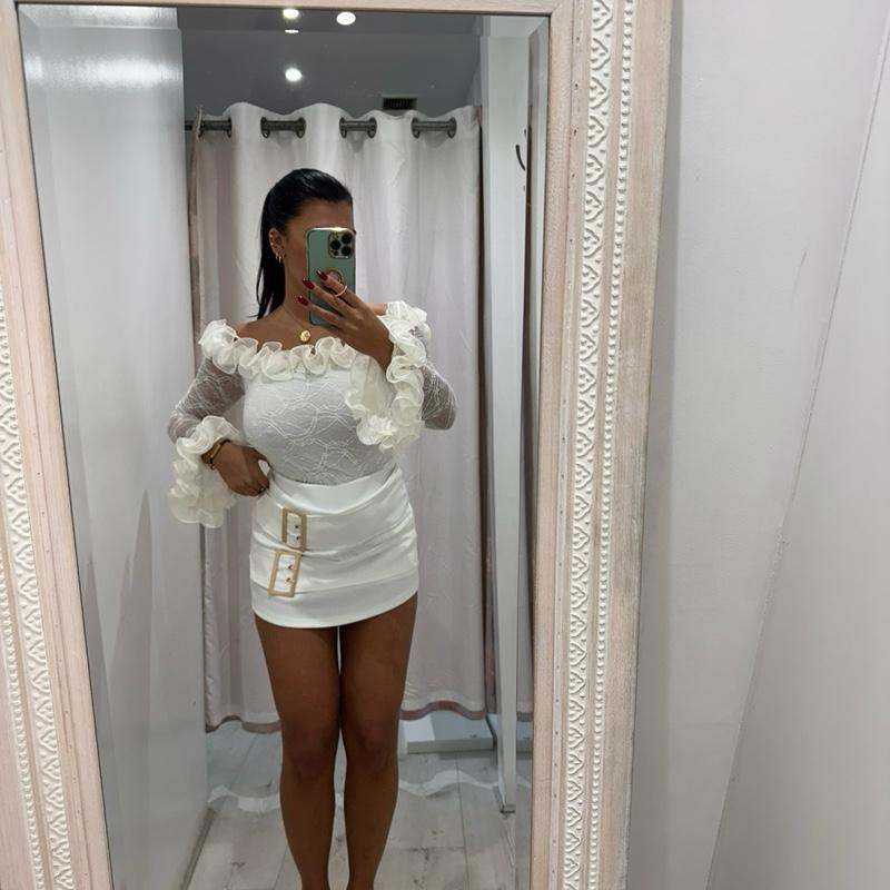 ARRIA Lace Long Sleeve Bodysuit with Ruffle Details