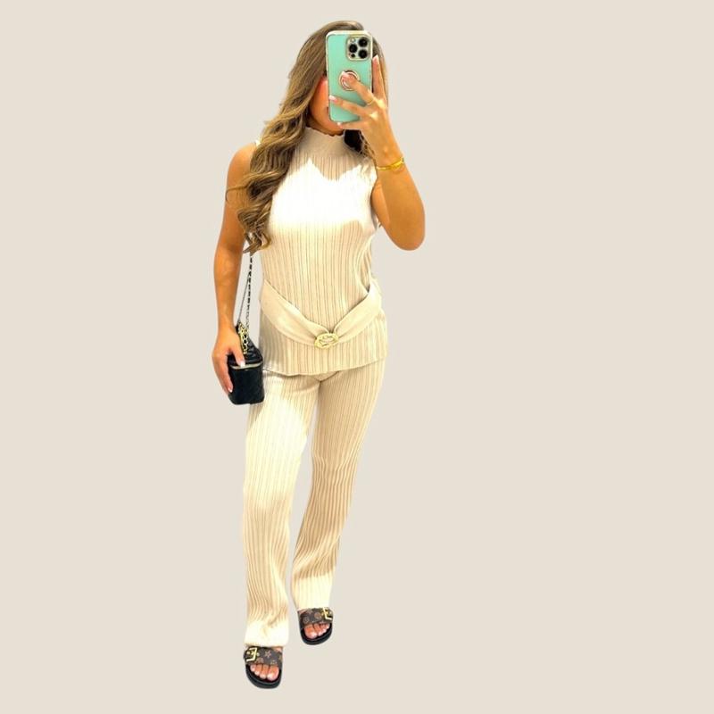 KIA Ribbed Sleeveless Top With Gold Buckle detailing &amp; Trouser Set