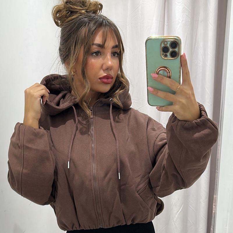 Women’s brown fleece-lined cropped hoodie with bubble hem, BECCA style.