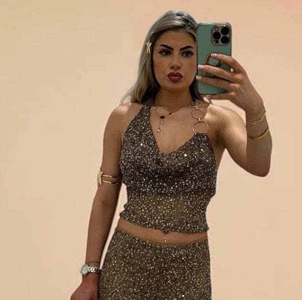 NOAH Sequin Knitted Halterneck Top With Chain Detail For Holiday & Festivals